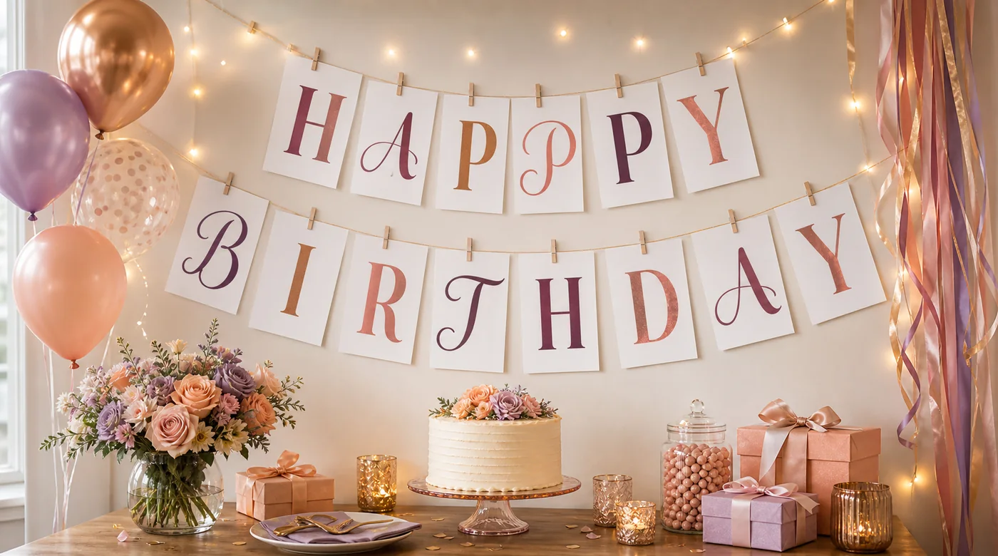 Birthday party wall with printable banner letters spelling HAPPY BIRTHDAY