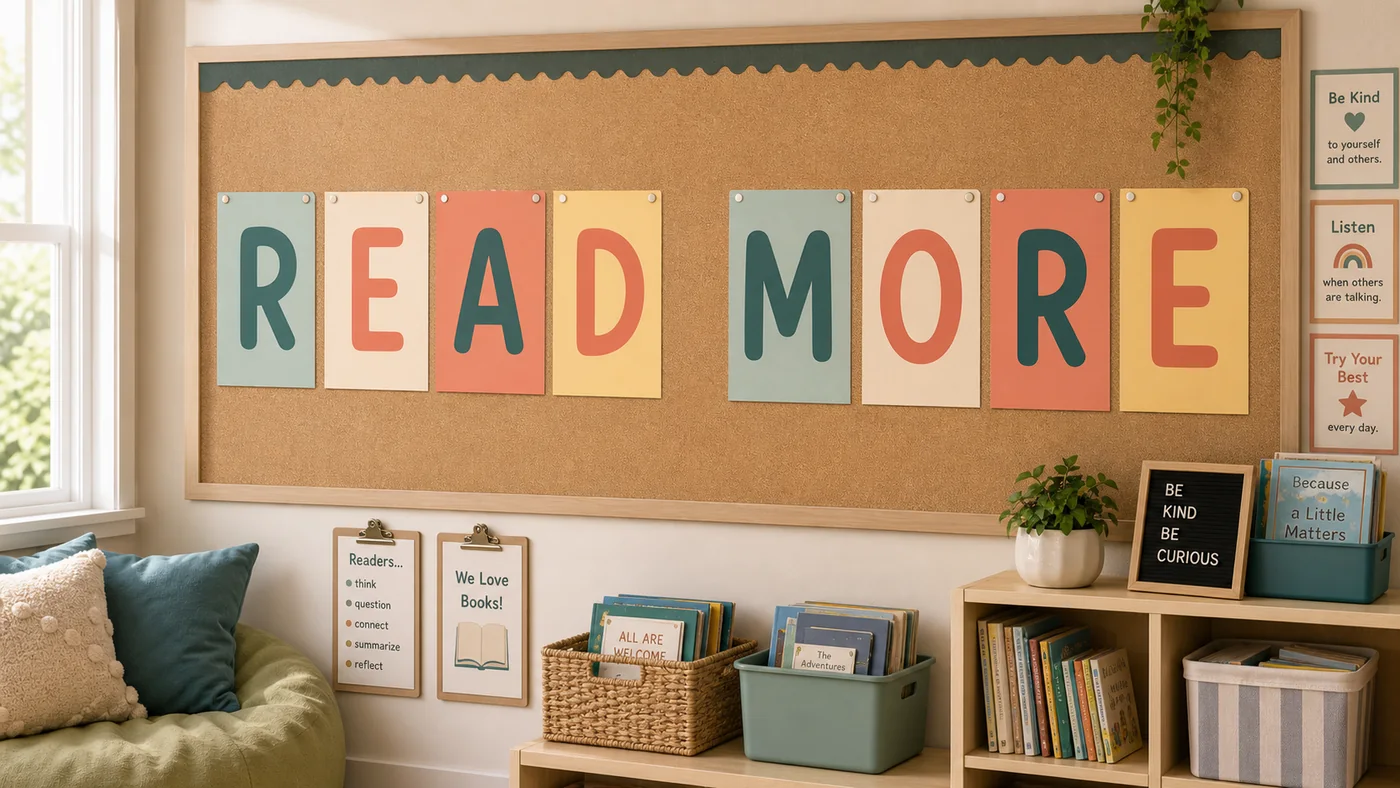 Classroom bulletin board with colorful printable large letters spelling READ MORE