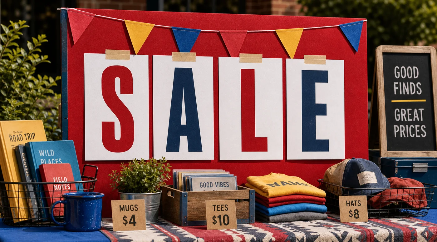 Sale table display with individual printable large letters spelling SALE