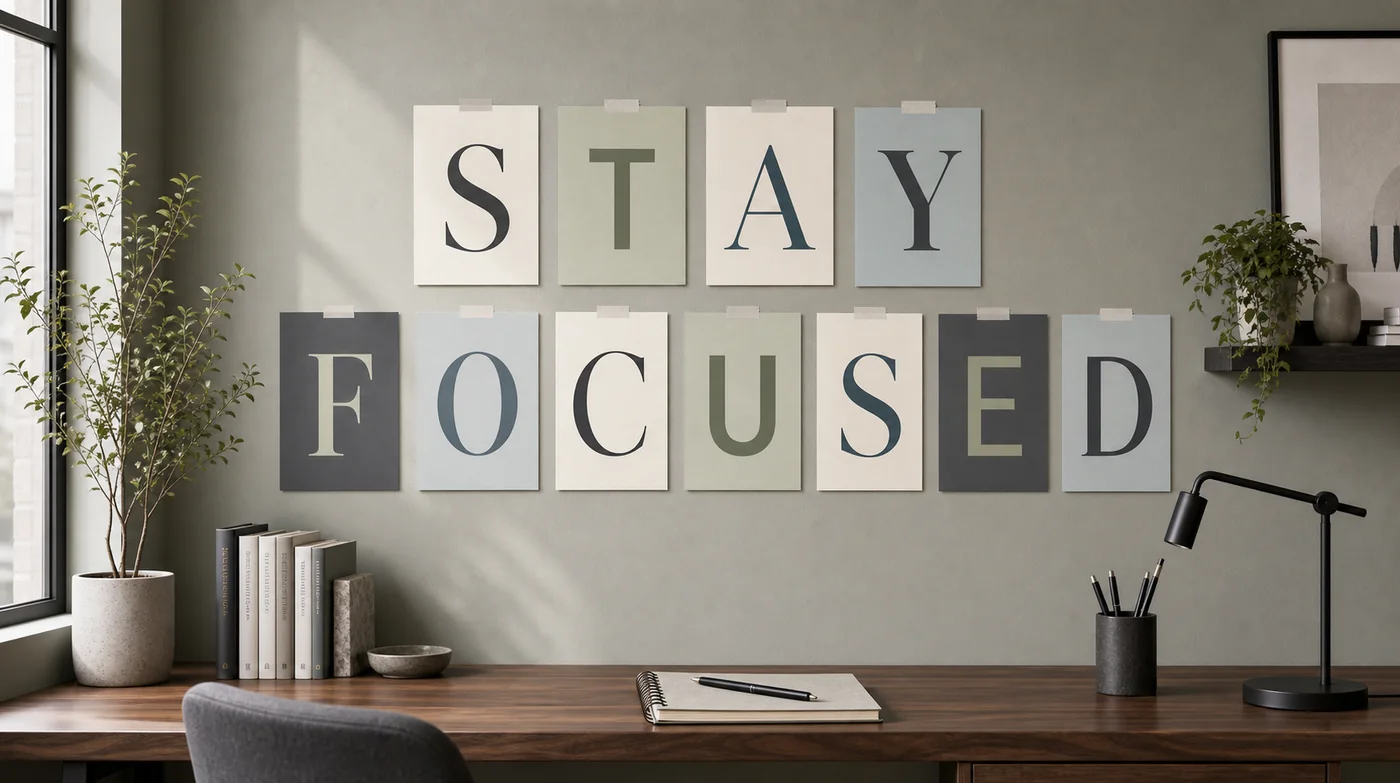 Modern workspace wall with printable large letters spelling STAY FOCUSED
